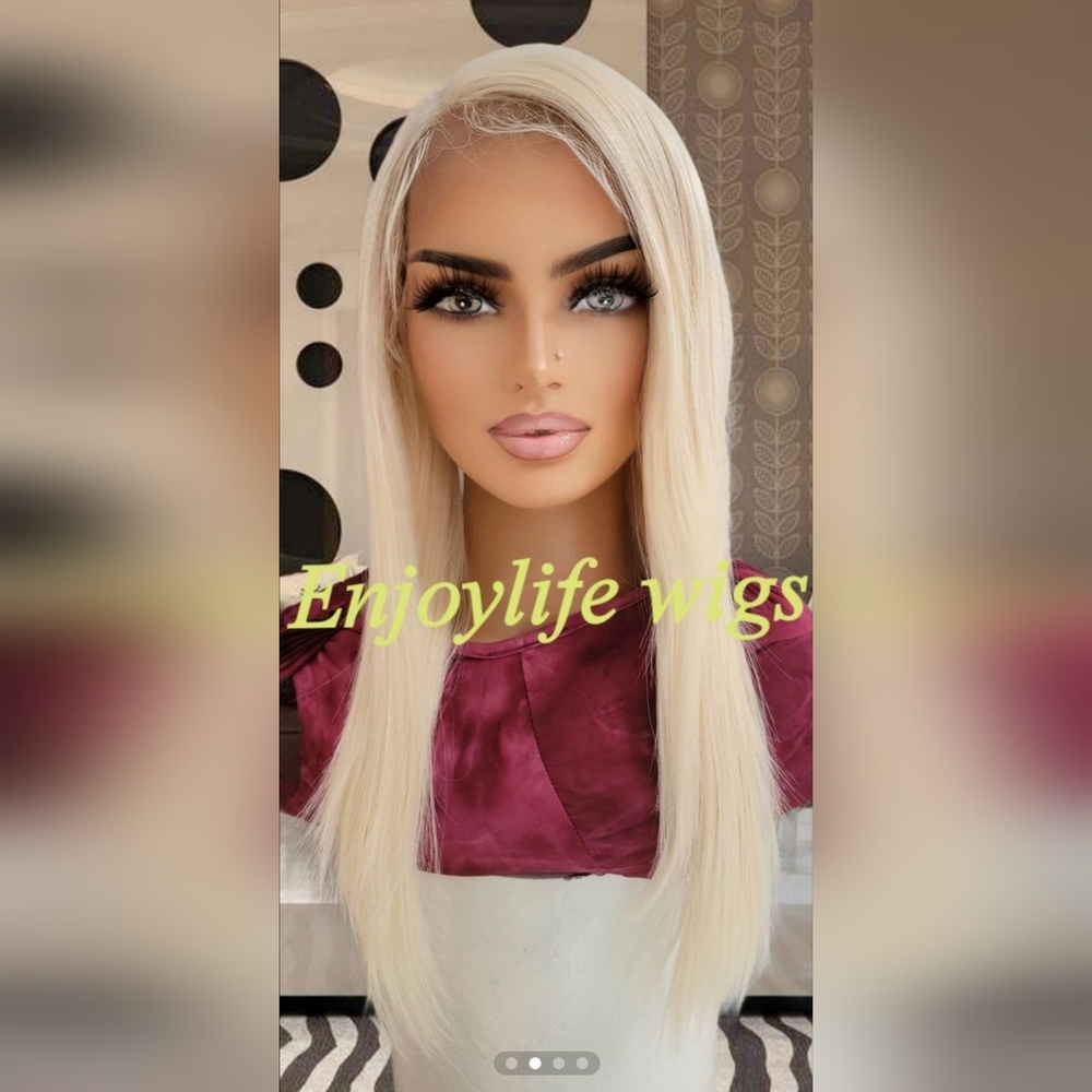 Human hair Platinum  bleach blonde side part wig